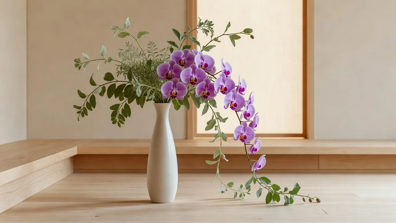 背の高い花器に流れる紫の蘭