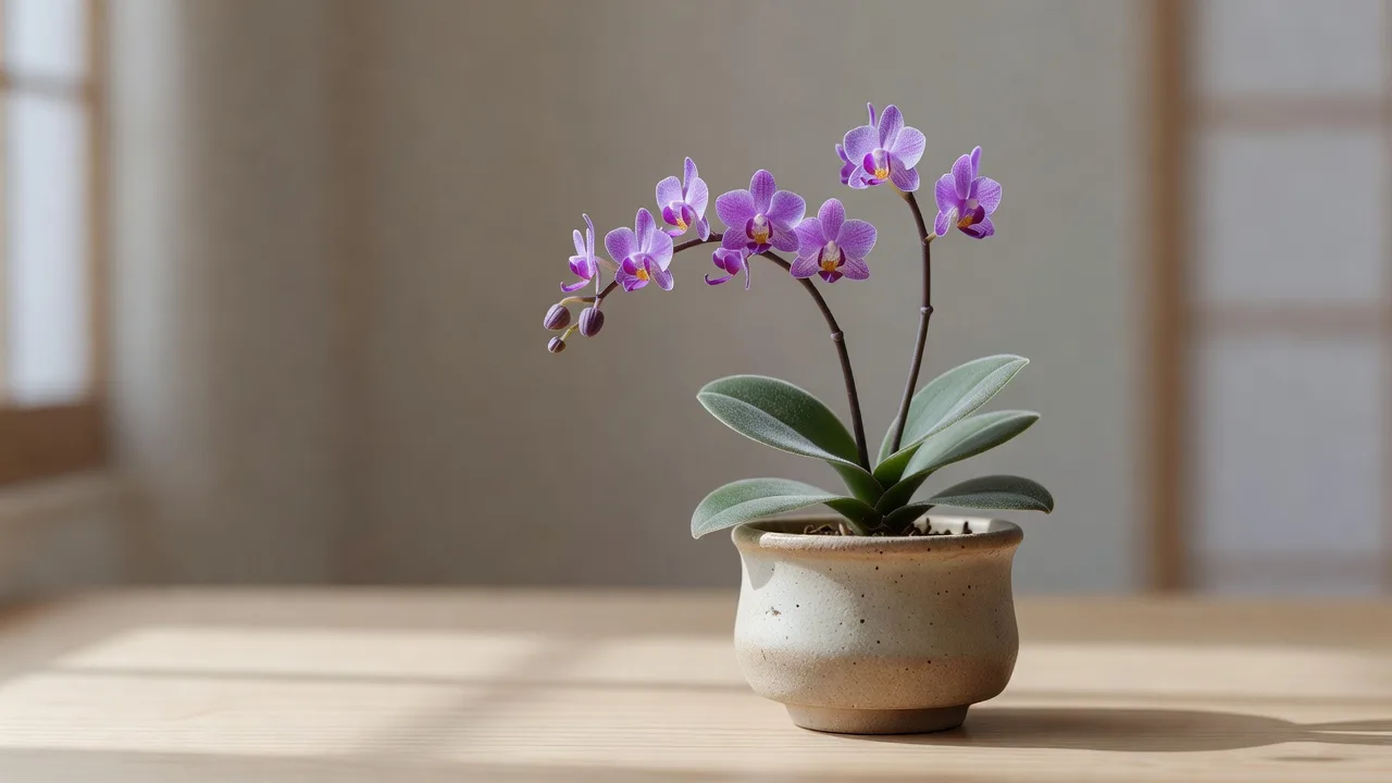 陶器の鉢に植えたミニ蘭