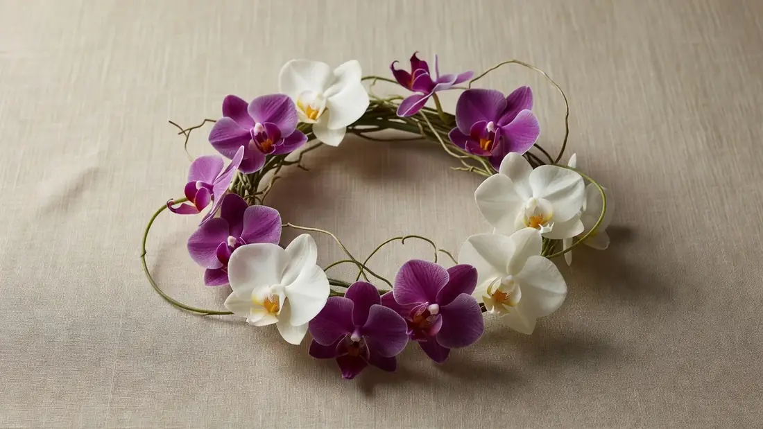 蘭とアイボリーの花のリース