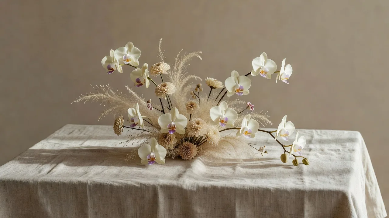 ベージュとアイボリーの花のスティルライフ